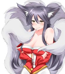 Rule 34 | 1girl, ahri (league of legends), animal ears, bare shoulders, black hair, blush, breasts, cleavage, crossed arms, detached sleeves, facial mark, fox ears, fox tail, korean clothes, large breasts, league of legends, long hair, looking at viewer, mint mia, multiple tails, simple background, smile, solo, tail, whisker markings, white background, yellow eyes