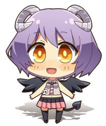 Rule 34 | 1girl, :d, bad id, bad pixiv id, black wings, borrowed character, brown eyes, chibi, chroma000, chroma (chroma000), horns, looking at viewer, open mouth, original, purple hair, short hair, smile, solo, tail, wings