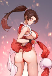 Rule 34 | 1girl, ass, breasts, fatal fury, gradient background, large breasts, ponytail, shiranui mai, simple background, solo, thighs