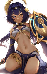 Rule 34 | 1girl, absurdres, blue eyes, blue hair, blunt bangs, candace (genshin impact), closed mouth, dark-skinned female, dark skin, egyptian clothes, eye of horus, genshin impact, hair ornament, heterochromia, highres, looking at viewer, mamo (user jjca7524), navel, pelvic curtain, shield, simple background, sitting, solo, stomach, thighlet, thighs, white background, yellow eyes
