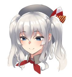 Rule 34 | 1girl, beret, black hat, blue eyes, hat, highres, kantai collection, kashima (kancolle), kerchief, namaata, neckerchief, portrait, red neckerchief, sidelocks, silver hair, smile, solo, twintails, wavy hair