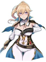 Rule 34 | 1girl, black gloves, blonde hair, blue capelet, blue eyes, blush, breasts, capelet, cleavage, closed mouth, commentary request, covered erect nipples, cowboy shot, detached collar, detached sleeves, genshin impact, gloves, hair between eyes, high ponytail, hiruno, holding, holding weapon, jean (genshin impact), large breasts, long hair, multicolored capelet, pants, ponytail, solo, thigh gap, tight clothes, tight pants, weapon, white pants