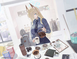 1girl animal_ears blonde_hair blue_archive blue_eyes breasts coffee_pot cup dog_ears hair_over_one_eye holding holding_cup indoors kanna_(blue_archive) long_hair looking_at_viewer serie_niai smile solo tagme