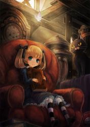 Rule 34 | 1girl, alice (odin sphere), black cat, black footwear, black pantyhose, black ribbon, blue dress, blue eyes, book, book stack, bug, butterfly, cat, chair, child, clock, closed mouth, day, dress, emon (glossy black), glowing, glowing butterfly, hair ribbon, holding, holding book, indoors, insect, light, long sleeves, looking at viewer, odin sphere, pantyhose, ribbon, roman numeral, shoes, short hair, short twintails, sitting, smile, socrates (odin sphere), solo, twintails, white pantyhose, window
