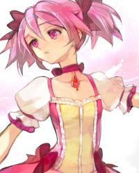Rule 34 | 10s, 1girl, bad id, bad pixiv id, bow, choker, female focus, gradient background, hair bow, kaname madoka, kuzuvine, lowres, magical girl, mahou shoujo madoka magica, mahou shoujo madoka magica (anime), pink eyes, pink hair, puffy sleeves, short twintails, solo, twintails, white background
