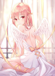 Rule 34 | 1girl, angel, angel wings, artist name, back, backless dress, backless outfit, bare arms, bare shoulders, barefoot, closed mouth, dress, feathered wings, hair ribbon, halter dress, halterneck, highres, long hair, looking at viewer, looking back, original, pink hair, red eyes, ribbon, sitting, solo, soyubee, wariza, white dress, wings