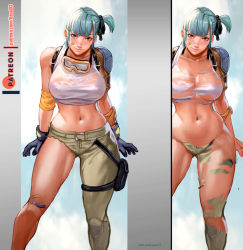 Rule 34 | 1girl, aqua hair, bandages, blue eyes, blue hair, blush, breasts, bulma, closed mouth, dissolving clothes, dragon ball, dragon ball (classic), gloves, groin, large breasts, looking at viewer, medium hair, navel, rejean dubois, smile, solo, standing, wide hips