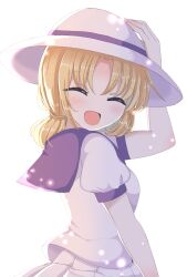 Rule 34 | 1girl, blonde hair, closed eyes, facing viewer, from side, hat, hat ribbon, highres, louise (touhou), open mouth, ougi hina, purple ribbon, ribbon, short hair, short sleeves, simple background, solo, touhou, touhou (pc-98), upper body, white background, white hat