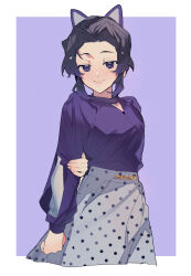 Rule 34 | 1girl, arm at side, arm behind back, black hair, breasts, casual, chain, colored tips, contemporary, hair ornament, half-closed eyes, hand on own arm, highres, kimetsu no yaiba, kochou shinobu, layered sleeves, long sleeves, looking at viewer, multicolored hair, outside border, parted bangs, polka dot, polka dot skirt, purple background, purple eyes, purple hair, purple shirt, purple theme, remi (remi 0702), shirt, sidelocks, skirt, smile, solo, streaked hair, updo