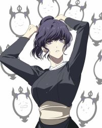 Rule 34 | 1girl, ahoge, arms up, black shirt, black witch, blush, closed mouth, hands up, long hair, looking at viewer, mirror, purple eyes, purple hair, shirt, simple background, sss-class suicide hunter, very long hair, white shirt