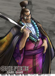 Rule 34 | 1boy, bandaged chest, commentary request, copyright name, crost, facial hair, haori, holding, holding sword, holding weapon, japanese clothes, jewelry, kimono, light smile, male focus, mustache, necklace, official art, one piece, one piece card game, pearl necklace, purple sash, sash, solo, sword, uzuki tempura, weapon