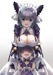 Rule 34 | &gt; &lt;, 2girls, :d, > <, animal ears, apron, aqua hair, as4gi, azur lane, bell, blue eyes, bow, breast rest, breasts, breasts on head, cheshire (azur lane), cleavage, commentary, detached sleeves, dual persona, english commentary, fake animal ears, frilled hairband, frilled ribbon, frills, gradient background, hair bell, hair between eyes, hair ornament, hairband, height difference, highres, large breasts, little cheshire (azur lane), long ribbon, looking at viewer, maid, maid headdress, mother and daughter, multicolored hair, multiple girls, name connection, open mouth, puffy detached sleeves, puffy sleeves, purple apron, purple bow, purple hair, ribbon, short hair, sidelocks, simple background, size difference, sleeveless, smile, streaked hair, two-tone hair, white background, wrist cuffs, xd