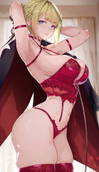 1girl absurdres armpits arms_behind_head arms_up bare_shoulders black_jacket blonde_hair blush bra breasts choker cleavage earrings evelyn_chevalier hair_ornament highres jacket jacket_on_shoulders jewelry large_breasts looking_at_viewer medium_hair navel panties parted_lips purple_eyes red_bra red_panties red_thighhighs solo thighhighs thighs underwear ura_illust zenless_zone_zero