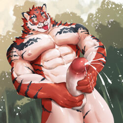 Rule 34 | 1boy, :p, abs, animal ears, bamboo, bamboo forest, bara, completely nude, crave saga, erection, forest, furry, furry male, girthy penis, large hands, large pectorals, m7 (m7ishere), male focus, male masturbation, masturbation, mature male, muscular, muscular male, nature, naughty face, nipples, nude, orange fur, pectorals, penis, short hair, solo, stomach, thick eyebrows, thick thighs, thighs, tiger boy, tiger ears, tongue, tongue out, two-tone fur, uncensored, veins, veiny penis, yata no kagami (crave saga)
