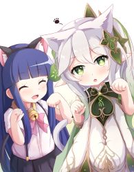 Rule 34 | 2girls, :d, ^ ^, absurdres, animal ears, bell, black hair, blunt bangs, cat ears, cat girl, cat tail, closed eyes, commentary request, crossover, extra ears, fake animal ears, furude rika, genshin impact, gradient hair, grey hair, hair between eyes, hair ornament, highres, higurashi no naku koro ni, kemonomimi mode, long hair, looking at viewer, multicolored hair, multiple girls, nahida (genshin impact), nyxerebos, open mouth, paw pose, pointy ears, short sleeves, side ponytail, sidelocks, skirt, sleeveless, smile, suspender skirt, suspenders, symbol-shaped pupils, tail, voice actor connection