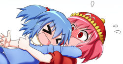 Rule 34 | &gt; &lt;, :d, @ @, blue hair, blue shirt, blue skirt, blush, flying sweatdrops, full-face blush, glomp, hair between eyes, hair bobbles, hair ornament, hat, hug, kawashiro mitori, kawashiro nitori, leaning back, long sleeves, looking at another, no headwear, no headwear, open mouth, original, puffy short sleeves, puffy sleeves, rakugaki-biyori, red eyes, red hair, red headwear, red shirt, shirt, short hair, short sleeves, simple background, skirt, smile, standing, touhou, two side up, upper body, white background