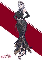 Rule 34 | 1girl, absurdres, arknights, bare shoulders, black dress, black footwear, breasts, bridal gauntlets, closed mouth, commentary request, dress, eyes visible through hair, full body, gladiia (arknights), grey hair, groin, hair over one eye, hands on own hips, high heels, highres, laurel crown, long hair, medium breasts, mirrorwu81568, nail polish, pointy ears, red background, red eyes, red nails, shoes, signature, sketch, sleeveless, sleeveless dress, solo, standing, toenail polish, toenails, two-tone background, white background