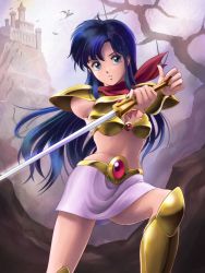 Rule 34 | 1980s (style), 1girl, armor, asou yuuko, bikini armor, blue eyes, blue hair, boots, castle, commentary request, dark blue hair, gold armor, highres, knee boots, long hair, mugen senshi valis, oldschool, partial commentary, pauldrons, red scarf, retro artstyle, scarf, shoulder armor, skirt, solo, sword, tamanegiinyo, tree, valis, weapon, white skirt