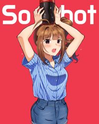 Rule 34 | 1girl, ahoge, blush, breasts, collarbone, collared shirt, drill hair, english text, idolmaster, idolmaster million live!, kamille (vcx68), large breasts, looking at viewer, open mouth, red background, scrunchie, shirt, short sleeves, side drill, simple background, solo, teeth, upper body, yokoyama nao