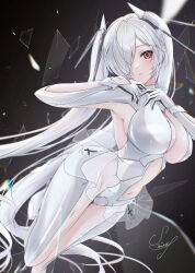 1girl absurdres breasts broken_glass cinderella_(nikke) clothing_cutout glass gloves goddess_of_victory:_nikke grey_hair hair_over_one_eye headgear highres large_breasts leotard long_hair looking_at_viewer mino_(mii_mt) navel red_eyes see-through_clothes see-through_skirt signature skirt solo stomach_cutout twintails white_gloves white_leotard