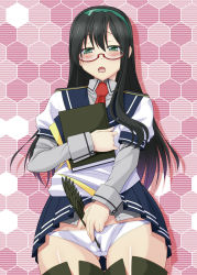 Rule 34 | 10s, 1girl, ayato, bad id, bad pixiv id, blush, clothed masturbation, female masturbation, fingering, flat chest, glasses, hairband, highres, honeycomb (pattern), honeycomb background, honeycomb pattern, kantai collection, long hair, masturbation, masturbation through clothes, necktie, ooyodo (kancolle), panties, pantyshot, pen, personification, quill, school uniform, serafuku, skirt, solo, thighhighs, underwear, upskirt, white panties