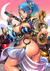 Rule 34 | 1girl, ass, bad id, bad pixiv id, blue eyes, blue hair, blush, breasts, breasts apart, cobra (animal), commentary request, crescent moon, detached sleeves, f.s., flower, from behind, gradient hair, hair flower, hair ornament, holding, large breasts, lips, long hair, looking at viewer, looking back, moon, multicolored hair, original, panties, parted lips, pink background, ponytail, shiny skin, smile, solo, standing, thighs, underwear, white panties