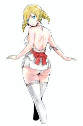 Rule 34 | 1girl, ass, bare shoulders, blonde hair, blue eyes, breasts, catherine, catherine (game), drill hair, female focus, hip focus, lace, lace-trimmed legwear, lace trim, looking at viewer, looking back, medium breasts, ribbon, solo, thighhighs, thighs, twin drills, twintails, white thighhighs