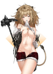 Rule 34 | 1girl, absurdres, animal ears, arknights, bandaid, black choker, black jacket, black nails, blush, breasts, brown eyes, brown hair, candy, choker, cleavage, clothes lift, convenient censoring, cutoffs, diamond (shape), food, fur trim, hammer, highres, holding, holding hammer, jacket, leather, leather jacket, lion, lion ears, lion tail, looking at viewer, medium breasts, nail polish, navel, open fly, orange background, pixel (yuxian), red shorts, shirt lift, short shorts, shorts, siege (arknights), solo, standing, studded choker, tail, tank top, war hammer, weapon, white background, white tank top