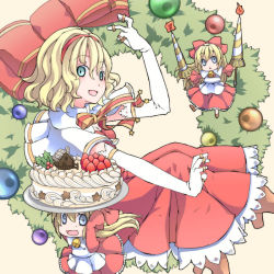 Rule 34 | 1girl, alice margatroid, alternate color, apron, arm up, blonde hair, blue eyes, bow, cake, candle, capelet, carrying overhead, christmas ornaments, dress, elbow gloves, food, fruit, gloves, headband, high heels, holly, jewelry, karamo (c karamomo), knees up, lance, long hair, looking at viewer, outstretched arm, polearm, puppet rings, ring, shanghai doll, short hair, sideways glance, simple background, solo, strawberry, touhou, waist apron, weapon, white background, wreath