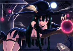 Rule 34 | 1girl, black hair, blush, breasts, bridal gauntlets, duplicate, elbow gloves, feathers, gloves, hat, homura subaru, large breasts, legband, long hair, no panties, original, outdoors, panties, purple eyes, smile, solo, strap, thigh strap, thong, underwear, witch, witch hat