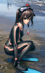 Rule 34 | 1girl, absurdres, beach, black bodysuit, blush, bodysuit, brown hair, commission, diving suit, flippers, goggles, goggles on head, highres, kantai collection, looking at viewer, medium hair, ocean, open mouth, outdoors, pixiv commission, ponytail, sand, sendai (kancolle), snorkel, solo, squatting, welt (kinsei koutenkyoku), wetsuit, yellow eyes