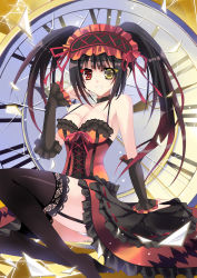 Rule 34 | 10s, 1girl, arm support, bare shoulders, black hair, breasts, broken glass, choker, cleavage, clock, clock eyes, corset, date a live, deizzo219, dress, glass, gothic lolita, grin, gun, hairband, hand on own face, heterochromia, highres, lace, lace-trimmed legwear, lace trim, large breasts, legs, lolita fashion, lolita hairband, long hair, long skirt, looking at viewer, no shoes, panties, pantyshot, red eyes, ribbon, sitting, skirt, smile, solo, symbol-shaped pupils, thighhighs, tokisaki kurumi, twintails, underwear, upskirt, weapon, yellow eyes