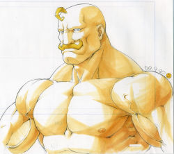 Rule 34 | 00s, 1boy, alex louis armstrong, blonde hair, blue eyes, facial hair, fullmetal alchemist, gorigo, highres, male focus, manly, marker (medium), muscular, mustache, simple background, solo, striped, striped background, traditional media
