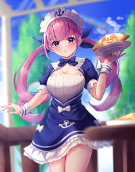 Rule 34 | 1girl, :o, absurdres, anchor symbol, blue dress, blue hair, blue ribbon, blue sky, blurry, blurry background, bow, braid, breasts, cleavage, cloud, commentary request, day, depth of field, dress, food, frilled dress, frills, hair ribbon, hand up, highres, holding, holding tray, hololive, long hair, looking at viewer, maid headdress, medium breasts, minato aqua, minato aqua (1st costume), multicolored hair, neko punch (user hddm3373), omelet, omurice, outdoors, parted lips, pink hair, puffy short sleeves, puffy sleeves, purple eyes, rainbow, ribbon, short sleeves, sky, solo, streaked hair, tray, twintails, two-tone hair, very long hair, virtual youtuber, white bow, wrist cuffs