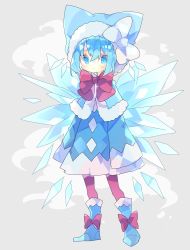 Rule 34 | 1girl, animal hood, blue dress, blue eyes, blue footwear, blue hair, boots, bow, bowtie, capelet, cat hood, cirno, commentary request, detached wings, dress, fog, footwear bow, full body, fur-trimmed capelet, fur trim, grey background, highres, hood, hood up, ice, ice wings, nikorashi-ka, one-hour drawing challenge, pantyhose, pink bow, pink bowtie, pink pantyhose, red bow, red bowtie, shoes, simple background, sleeves past fingers, sleeves past wrists, solo, touhou, white bow, wings, winter clothes