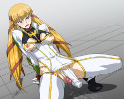 Rule 34 | 1girl, blonde hair, blue eyes, blush, breasts, code geass, dildo, hair ribbon, highres, himemura saki, large breasts, long hair, monica kruszewski, nipples, open mouth, panties, pussy juice, ribbon, sex toy, solo, thighhighs, twintails, underwear, white panties, white thighhighs
