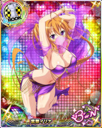 Rule 34 | 1girl, ahoge, armpits, arms up, belly dancer, bikini, bracelet, breasts, card (medium), chess piece, choker, cleavage, dancer, female focus, hair between eyes, harem outfit, high school dxd, high school dxd born, jewelry, large breasts, long hair, looking at viewer, midriff, mouth veil, navel, official art, purple eyes, rook (chess), see-through, shidou irina, smile, solo, swimsuit, torn clothes, twintails, veil, very long hair