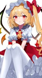 1girl ascot blonde_hair blush bow crystal flandre_scarlet frilled_skirt frilled_sleeves frills hat highres knees_up layered_skirt mob_cap multicolored_wings pantyhose pointy_ears puffy_short_sleeves puffy_sleeves red_eyes red_skirt red_vest sakizaki_saki-p shirt short_hair short_sleeves side_ponytail simple_background sitting skirt skirt_set solo touhou twitter_username vest white_background white_hat white_pantyhose white_shirt wings yellow_ascot