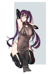 Rule 34 | 1girl, absurdres, arm behind head, arm up, armpits, bare shoulders, bespectacled, bikini, bikini under clothes, black bikini, breasts, cleavage, elbow gloves, glasses, gloves, hie (hiememiko), hiememiko, highres, large breasts, latex, long hair, looking at viewer, navel, original, purple eyes, purple hair, see-through, shiny clothes, smile, solo, swimsuit, swimsuit under clothes, thighhighs, twintails