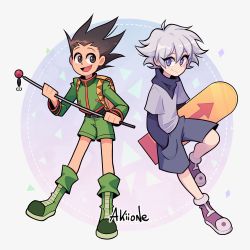 Rule 34 | 2boys, black hair, boots, brown eyes, child, fishing rod, gon freecss, hand in pocket, holding, holding fishing rod, hunter x hunter, jacket, killua zoldyck, long hair, long sleeves, looking at another, male focus, multiple boys, open mouth, purple eyes, shirt, short hair, shorts, simple background, skateboard, smile, spiked hair, turtleneck, white hair, yoyochaan