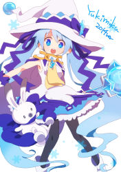 Rule 34 | 1girl, blue eyes, blue hair, rabbit, cape, character name, hat, hatsune miku, long hair, matching hair/eyes, monokuro69, open mouth, pantyhose, skirt, snowflakes, solo, twintails, very long hair, vocaloid, white background, witch hat, yuki miku, yukine (vocaloid)