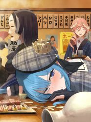 Rule 34 | 3girls, alcohol, artist request, black hair, blue eyes, blue hair, blush, character request, closed eyes, crown, drunk, food, hat, hololive, hoshimachi suisei, japanese clothes, kimono, mask, multicolored hair, multiple girls, restaurant, sake, takane lui, translation request, two-tone hair, white hair