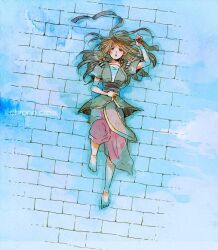 Rule 34 | 1girl, barefoot, breasts, brick floor, brown hair, brown shirt, chrono cross, commentary request, copyright name, cross-laced clothes, cross-laced sleeves, dress, full body, green eyes, leena (chrono cross), long hair, lying, on back, open mouth, purple dress, shallow water, shirt, small breasts, solo, tokio (okt0w0), water