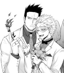 Rule 34 | 2boys, absurdres, alternate costume, blush, boku no hero academia, bouquet, couple, endeavor (boku no hero academia), facial hair, flower, formal, greyscale, hawks (boku no hero academia), helen roro, highres, holding, holding bouquet, husband and husband, jewelry, male focus, mature male, monochrome, multiple boys, muscular, muscular male, necktie, ornate ring, pectorals, ring, scar, scar across eye, scar on face, short hair, sideburns, smile, spiked hair, stubble, suit, upper body, wedding, wedding ring, white suit, yaoi
