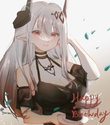 Rule 34 | 1girl, arknights, arm up, bare shoulders, black choker, breasts, cake, cake slice, choker, cleavage, demon horns, falling petals, food, gradient background, grey hair, hair ornament, happy birthday, highres, holding, holding cake, holding food, holding plate, horns, jewelry, large breasts, long hair, looking at viewer, mudrock (arknights), mudrock (obsidian) (arknights), necklace, official alternate costume, petals, plate, pointy ears, red eyes, simple background, smile, solo, upper body, white background, yuwan1241