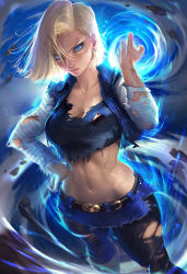Rule 34 | 1girl, android 18, belt, black pantyhose, blonde hair, blue eyes, breasts, cleavage, denim, denim skirt, dragon ball, dragonball z, earrings, hand on own hip, highres, jewelry, large breasts, midriff, navel, pantyhose, sakimichan, short hair, skirt, solo, sweat, tagme, torn clothes, torn pantyhose, vest