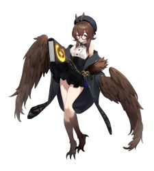Rule 34 | 1girl, :o, absurdres, animal ears, bare shoulders, beret, black bow, black headwear, black jacket, black skirt, book, bow, breasts, brown eyes, brown hair, brown wings, claws, clover theater, commentary, feathered wings, full body, glasses, guangsupaomian, hair ornament, hairband, hairpin, harpy, hat, highres, holding, holding book, jacket, long hair, looking at viewer, medium breasts, monster girl, norris (clover theater), shirt, skirt, sleeveless, sleeveless shirt, solo, symbol-only commentary, white background, white shirt, winged arms, wings