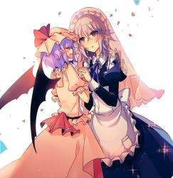 Rule 34 | 2girls, apron, bat wings, blue eyes, blue hair, blue ribbon, blush, bridal veil, closed eyes, commentary request, dress, frilled apron, frills, hat, hat ribbon, holding hands, izayoi sakuya, juliet sleeves, kirero, long sleeves, looking at another, maid apron, maid headdress, mob cap, multiple girls, neck ribbon, open mouth, parted lips, petals, pink dress, puffy short sleeves, puffy sleeves, red ribbon, remilia scarlet, ribbon, short hair, short sleeves, sidelocks, silver hair, smile, sparkle, touhou, veil, wings, wrist cuffs, yuri