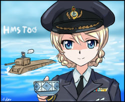 Rule 34 | ..., 10s, 1girl, blonde hair, blue eyes, cup, cyber (cyber knight), darjeeling (girls und panzer), girls und panzer, hat, looking at viewer, military, military hat, military uniform, military vehicle, motor vehicle, ocean, solo, tank, teacup, tog ii, uniform, world of tanks
