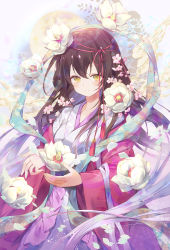 Rule 34 | 1girl, black hair, blush, closed mouth, commentary request, copyright request, floral print, flower, grey kimono, hagoromo, hair between eyes, hair flower, hair ornament, highres, ibara riato, japanese clothes, kimono, long hair, long sleeves, looking at viewer, official art, open clothes, shawl, smile, solo, very long hair, white flower, wide sleeves, yellow eyes